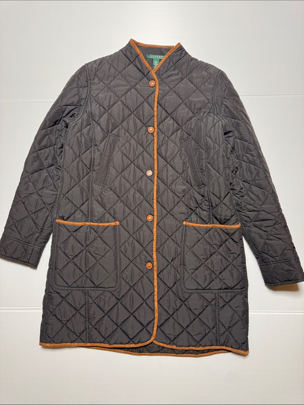 LAUREN Ralph Lauren Black Quilted Long Coat Dark Brown Trim Standing Collar M